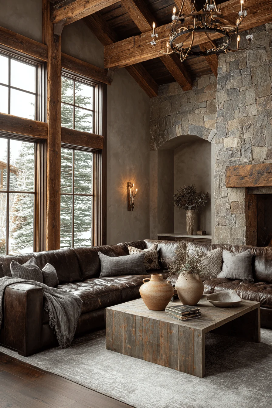 mountain living room decor with home decor elements including hand knotted wool rug antique brass chandelier limestone fireplace