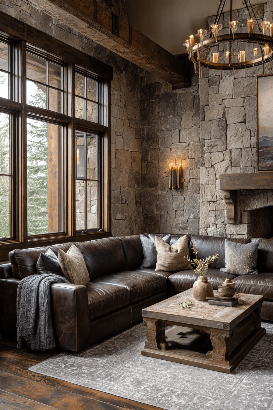 mountain living room inspiration with modern house design featuring crystal sconces limestone fireplace carved wooden mantle sage throws