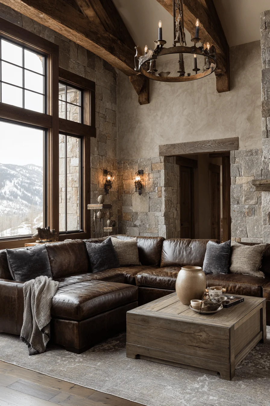 mountain living room with home interior design showing leather sectional cashmere throws crystal lighting timber framed windows