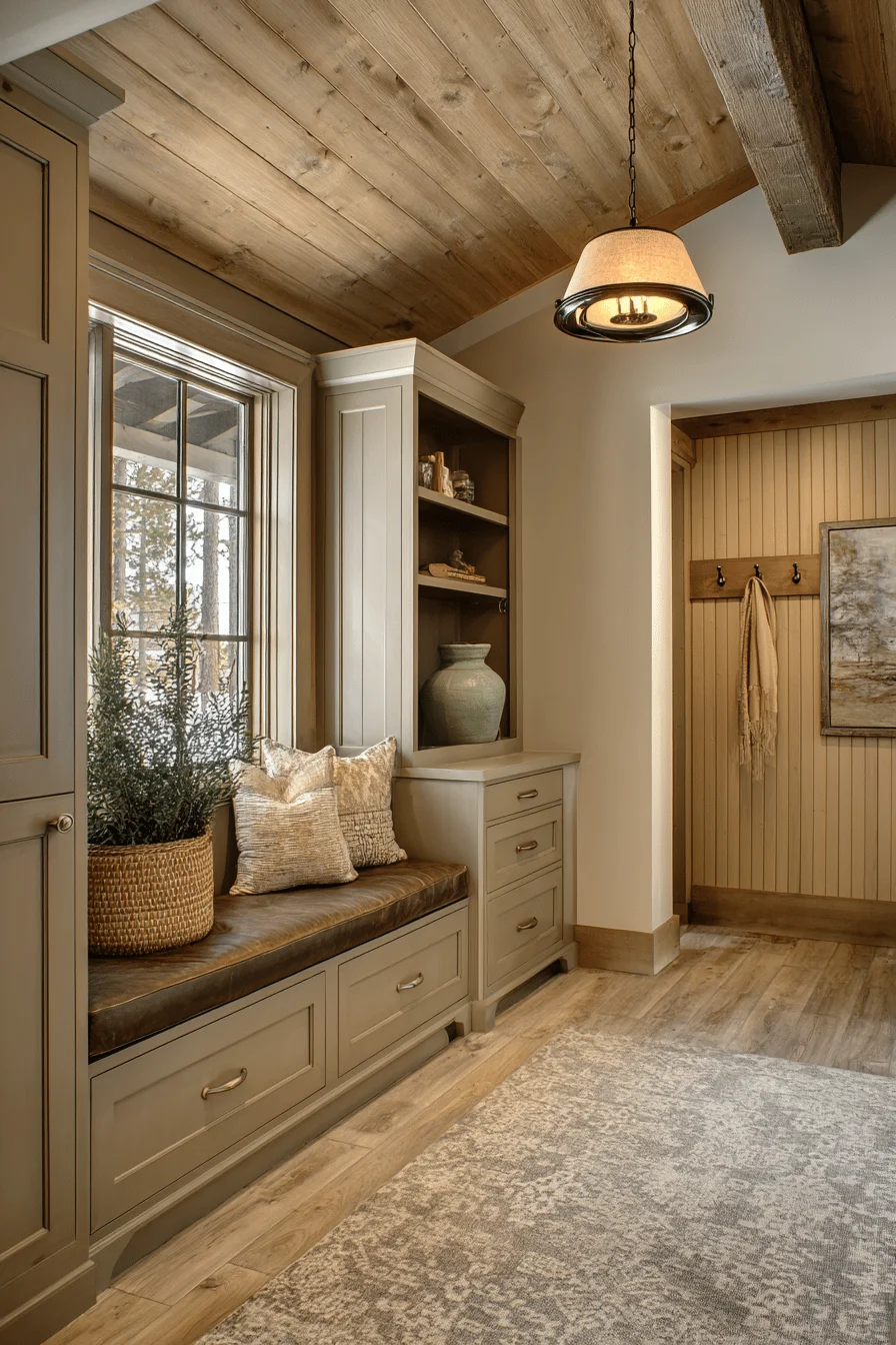mountain narrow entry hallway with room decor featuring taupe wainscoting and hallway design