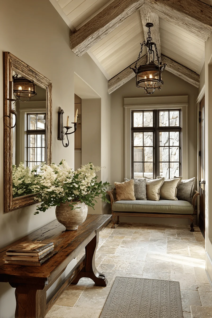 mountain narrow hallway ideas with aesthetic house design featuring limestone flooring and hallway decor