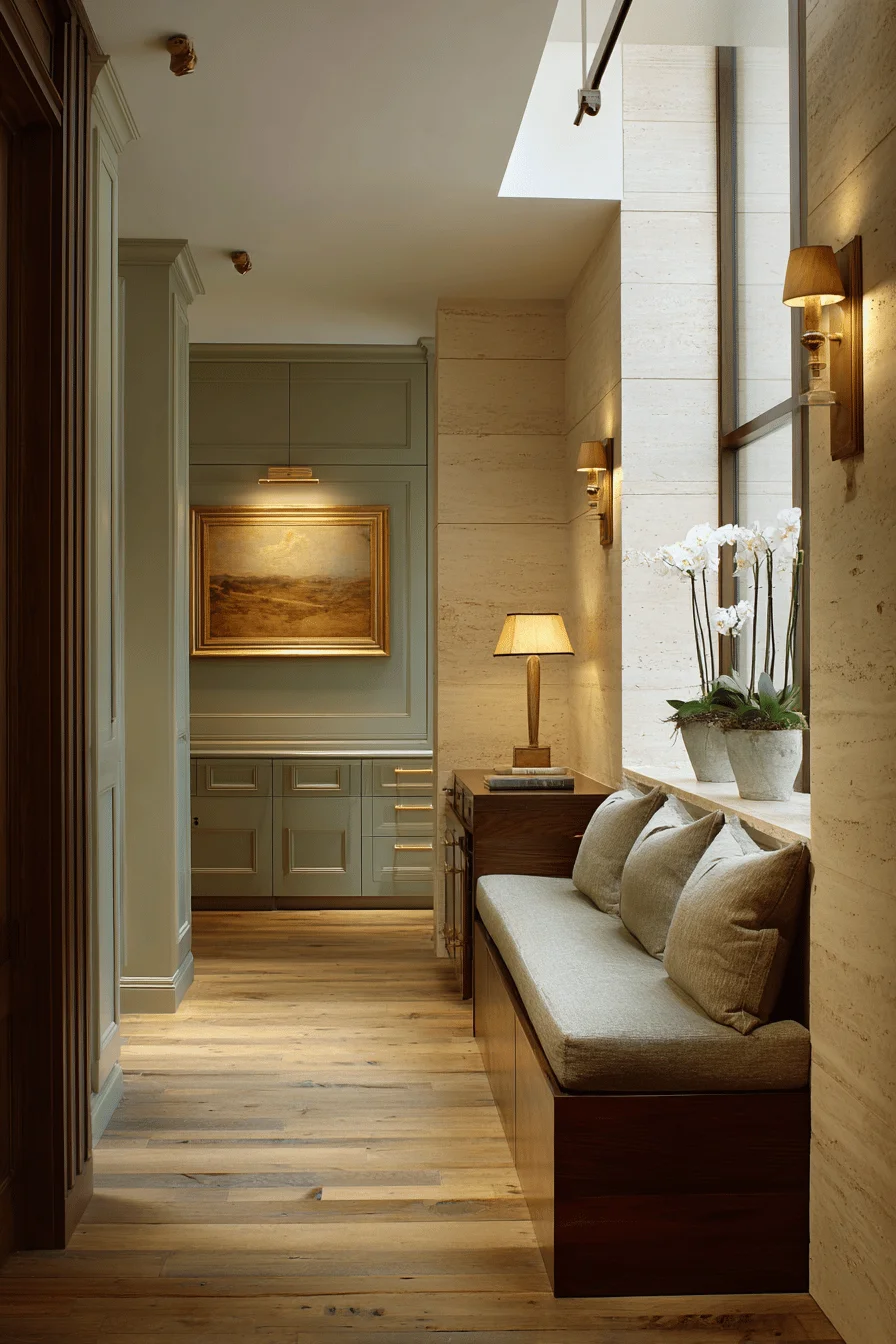 ranch bungalow hallway ideas with aesthetic room decor featuring japandi hallway built in storage premium walnut console