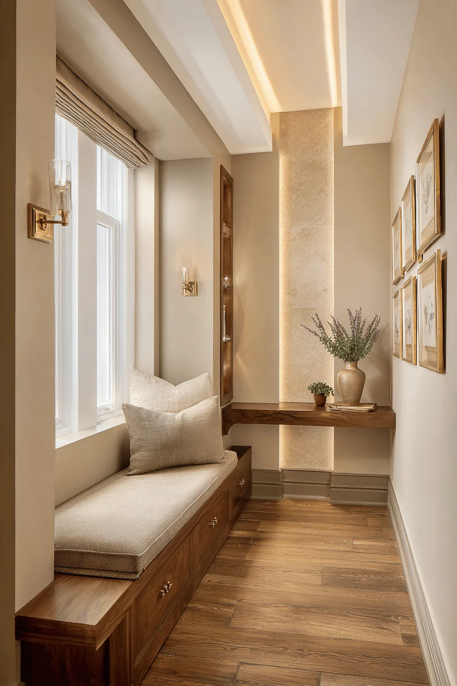 ranch bungalow hallway ideas with house decor featuring hallway premium walnut console cream linen panels clerestory windows
