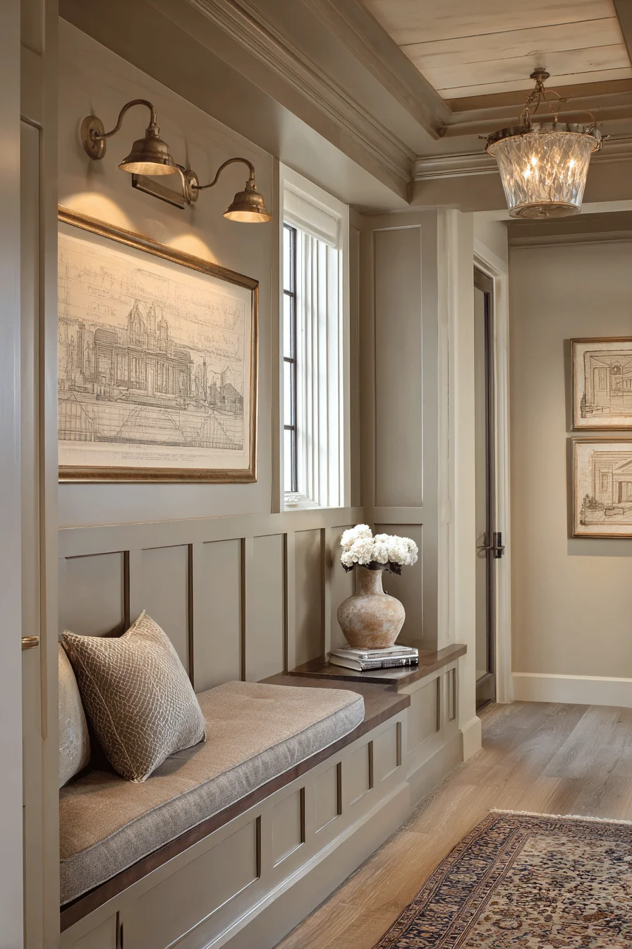 ranch bungalow hallway ideas with house inspo featuring hallway bench cream linen panels clerestory windows floating shelves