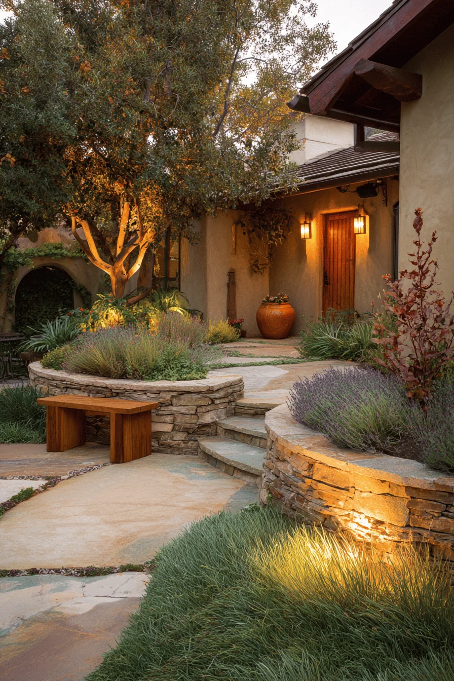 ranch garden party space featuring terrace garden entertainment with hillside garden seating and established native landscaping in warm lighting