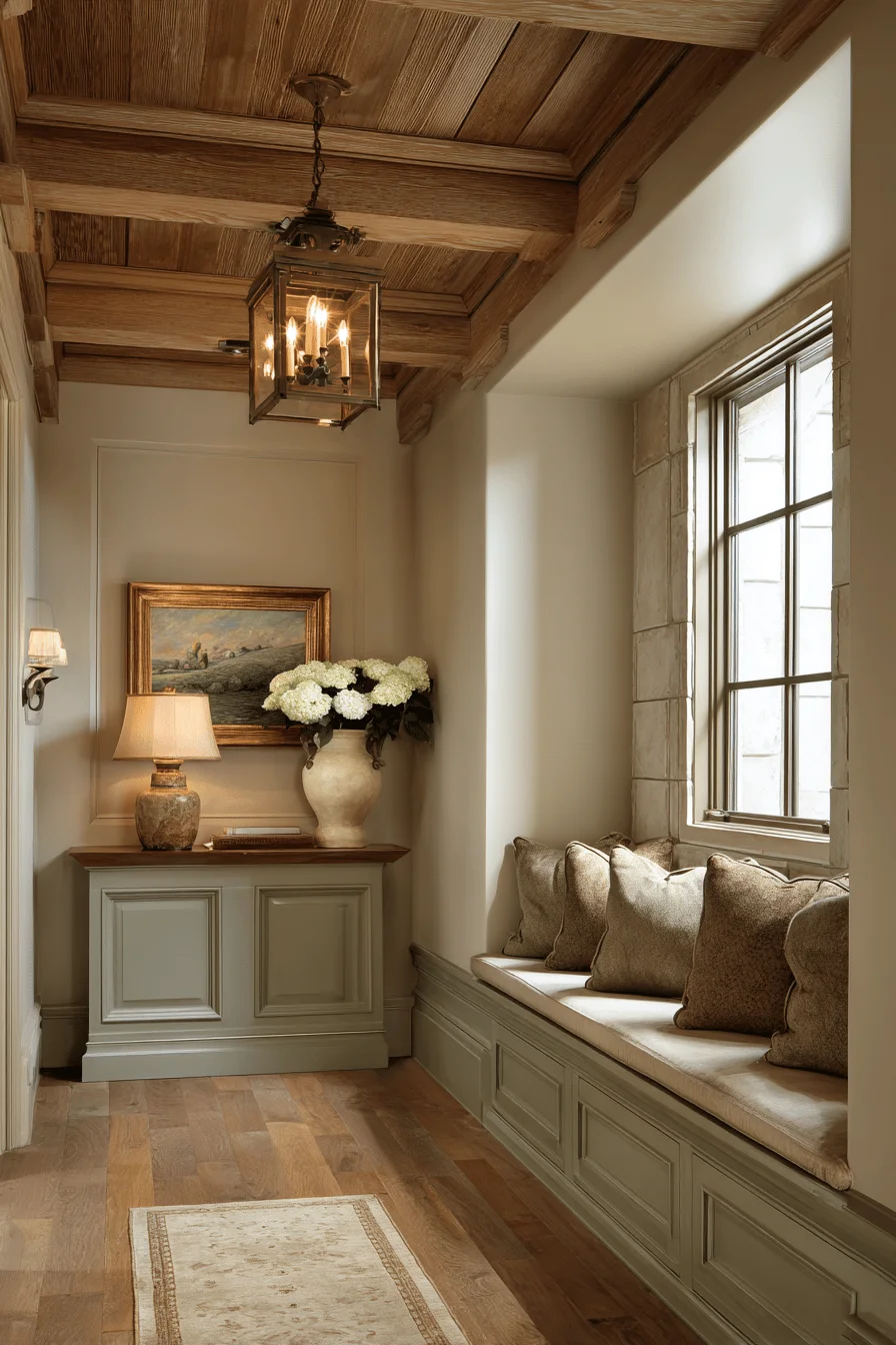 ranch hallway decor with aesthetic house featuring hallway decorating floating shelves vintage pottery warm brass sconces sage green accents