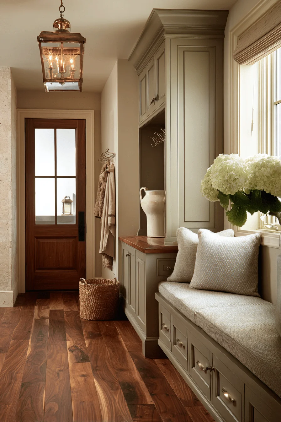 ranch hallway decor with house design showcasing hallway inspiration sage green built in storage limestone wainscoting