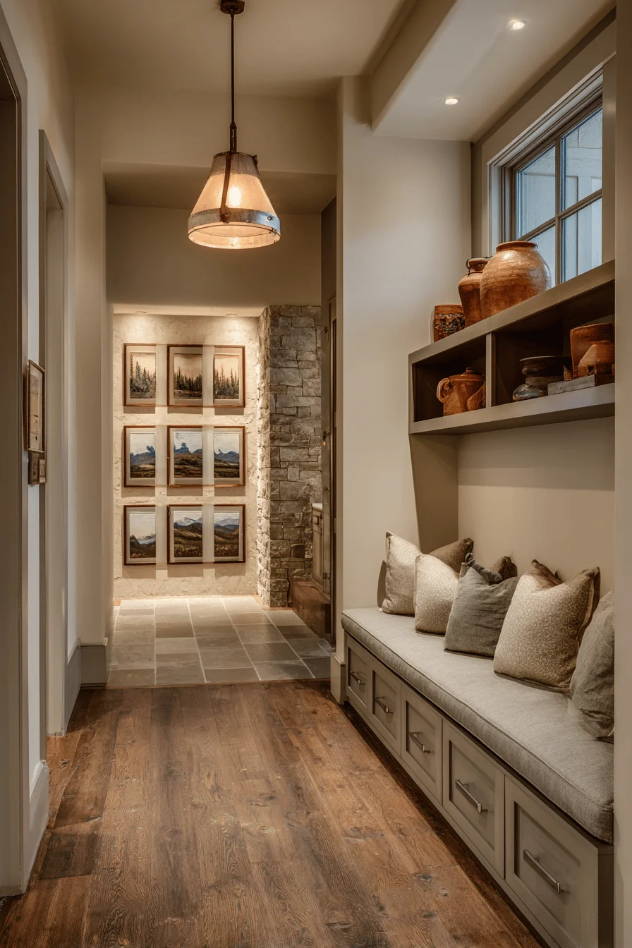 ranch hallway decorating with modern house design showcasing hallway ideas premium linen cushion vintage pottery collection floating shelves