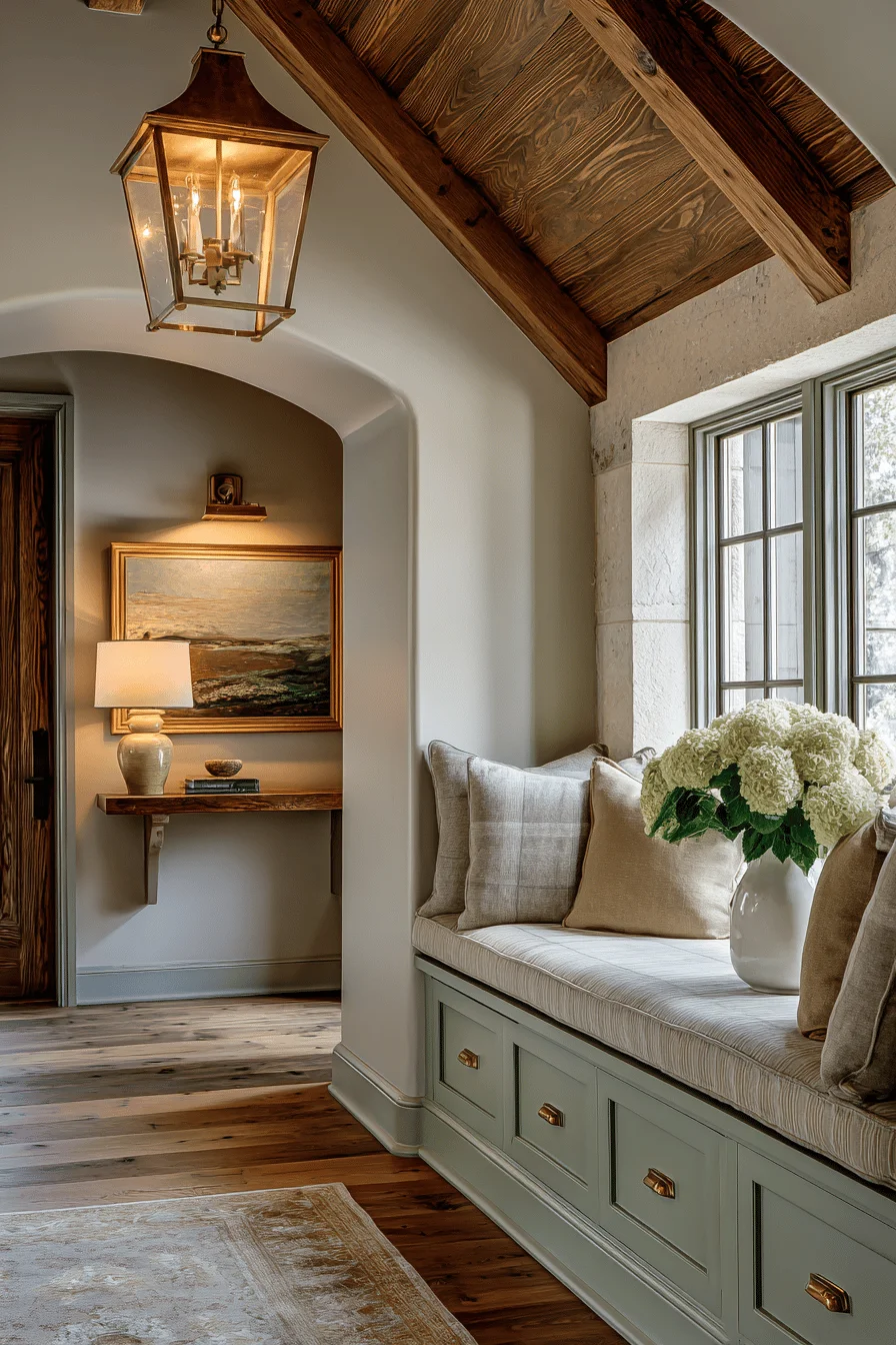 ranch hallway with dream house interior featuring hallway decorating premium walnut console cream linen panels clerestory windows