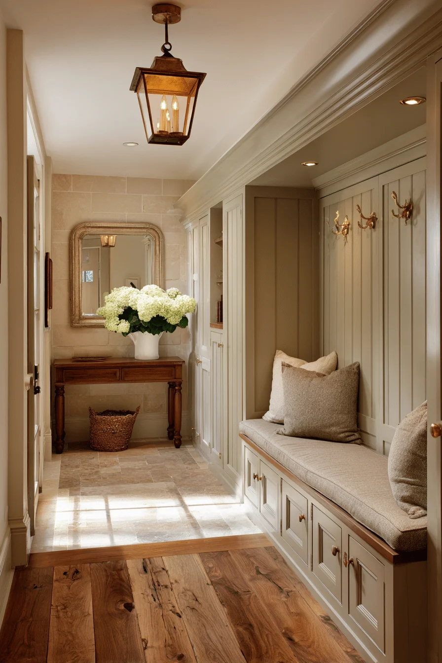 ranch hallway with furniture design featuring hallway inspiration built in bench premium walnut console warm brass lantern