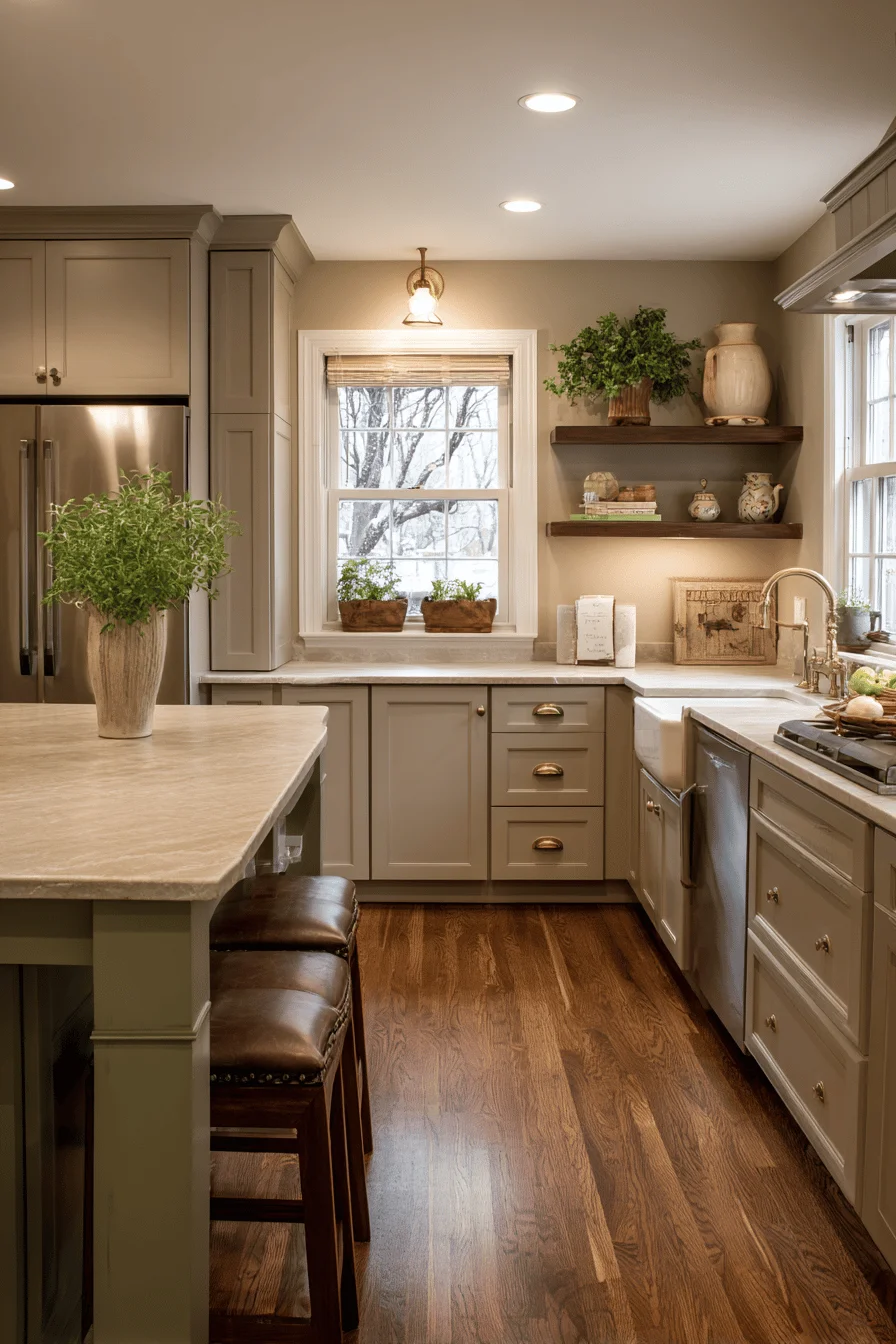ranch kitchen and living room combo featuring room decor ideas with kitchen layout and warm taupe cabinetry