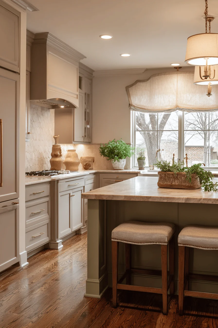 ranch kitchen featuring tiny kitchen design with dream house elements and warm taupe cabinetry