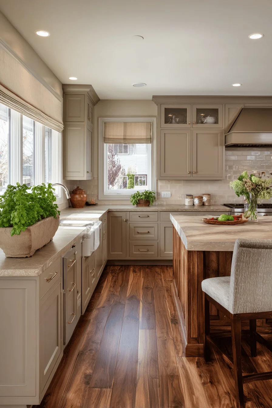 ranch kitchen ideas featuring warm taupe cabinets with home decor elements and kitchen cabinet styling