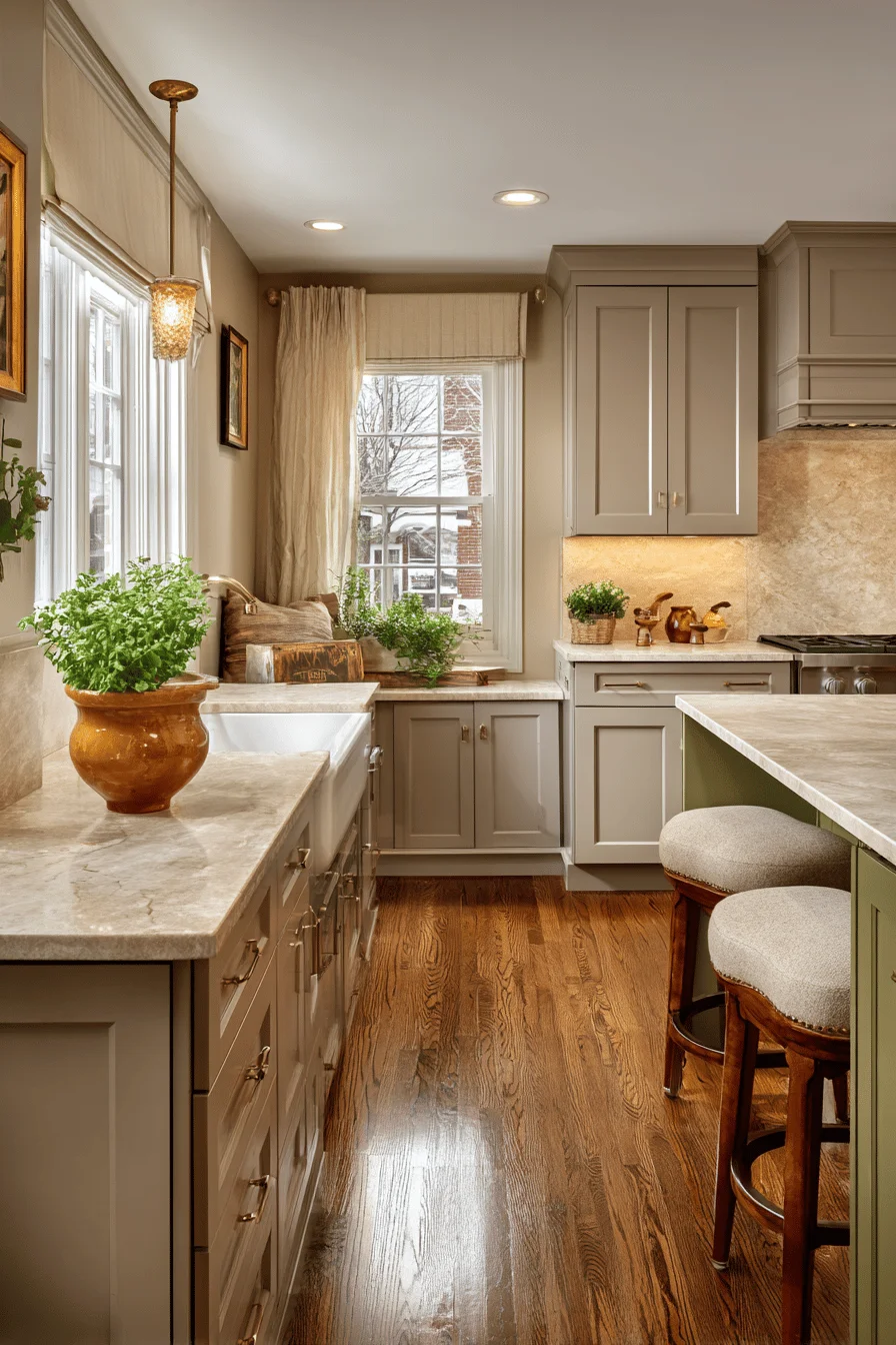 ranch kitchen island with home interior design featuring small kitchen ideas and warm taupe cabinetry