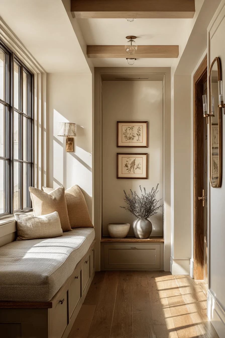 ranch long narrow hallway decorating with home design featuring hallway built in storage warm taupe walls sage green accents