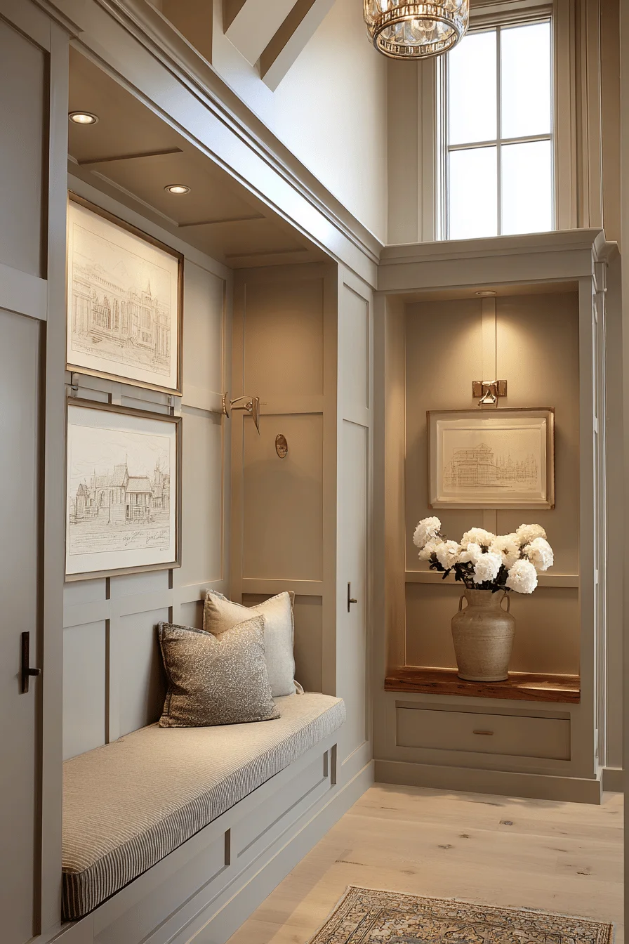 ranch long narrow hallway decorating with house aesthetic featuring hallway bench warm taupe walls sage green built in storage