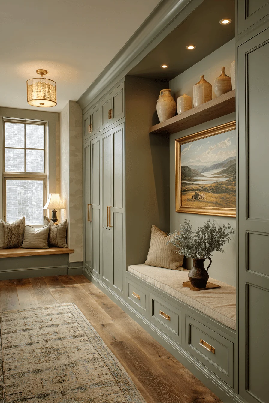 ranch long narrow hallway decorating with house layouts featuring hallway designs built in storage warm taupe walls sage green accents