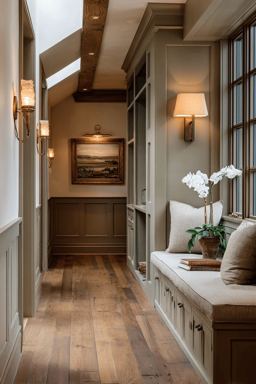 ranch narrow entryway with house interior featuring japandi hallway warm brass lighting cream linen panels clerestory windows