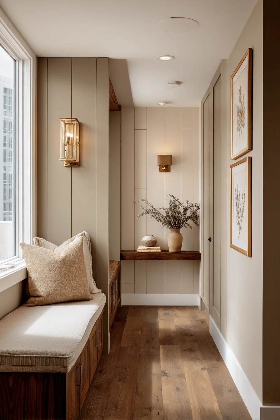 ranch narrow entryway with house layouts featuring hallway floating corner shelves vintage pottery warm brass sconces