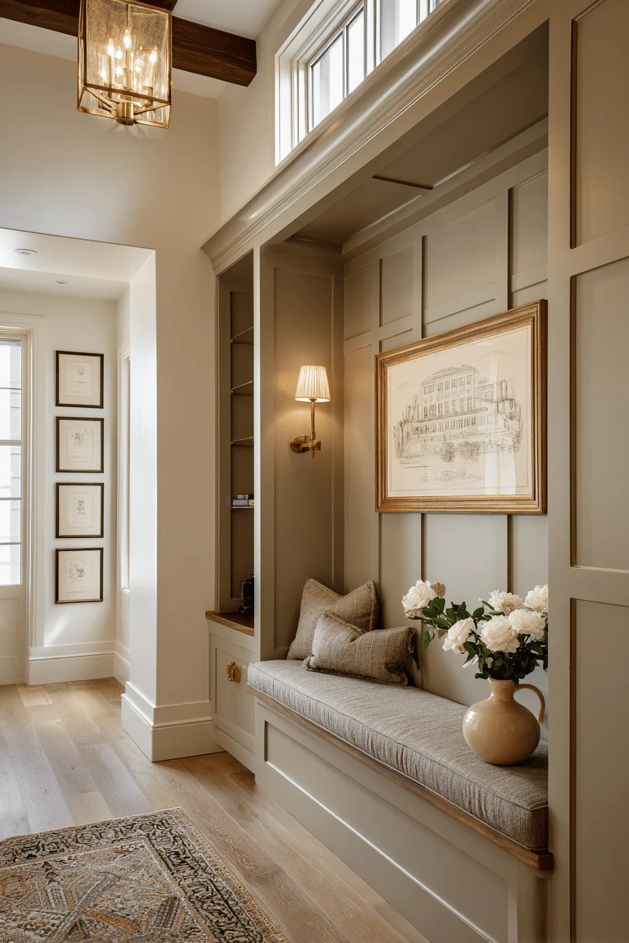ranch narrow entryway with modern house design featuring hallway bench vintage pottery warm brass sconces sage green accents
