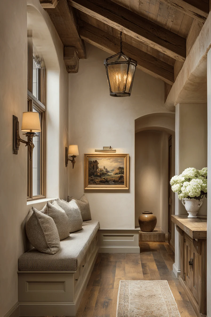 ranch narrow hallway decorating with home decor featuring hallway decorating built in bench sage green base warm taupe walls