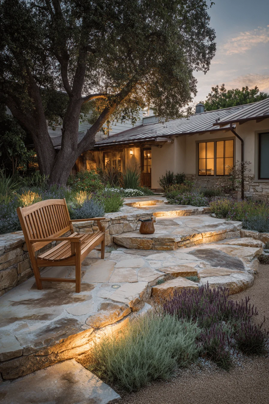 ranch small garden design featuring western aesthetic appeal with terracotta planters and established native landscaping in warm lighting