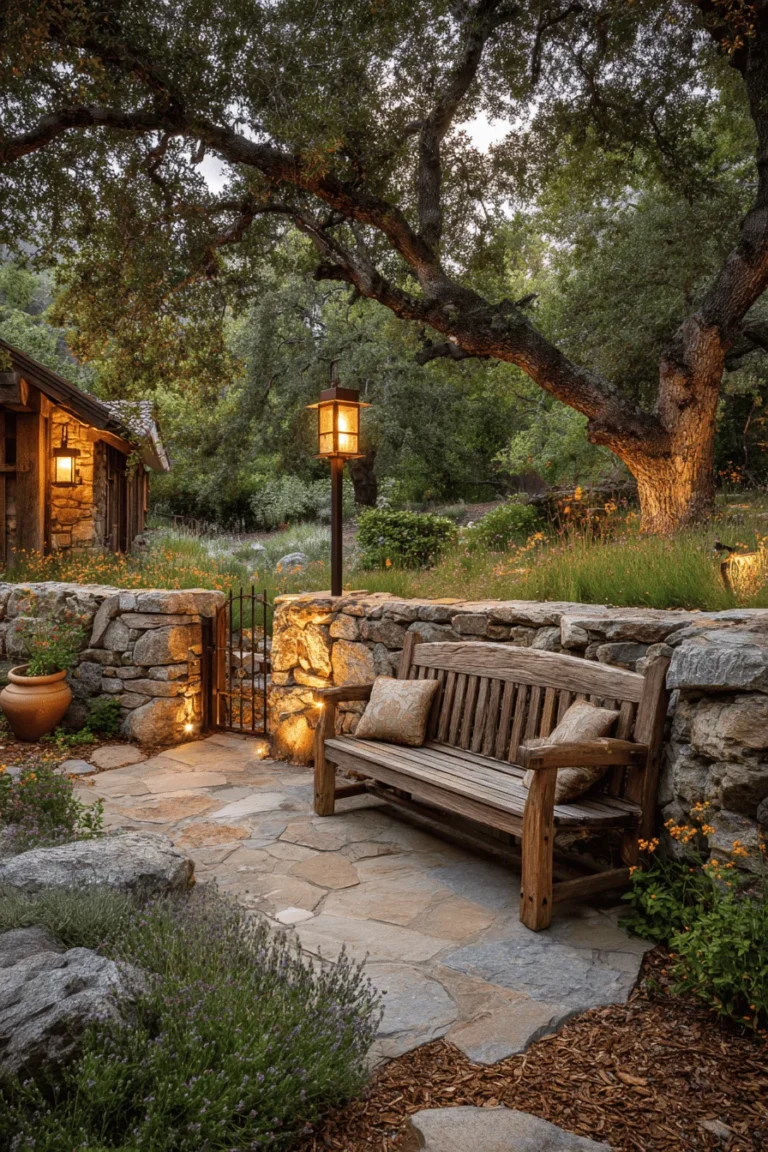 ranch small garden design featuring western charm with home garden terracotta planters and native landscaping in warm lighting