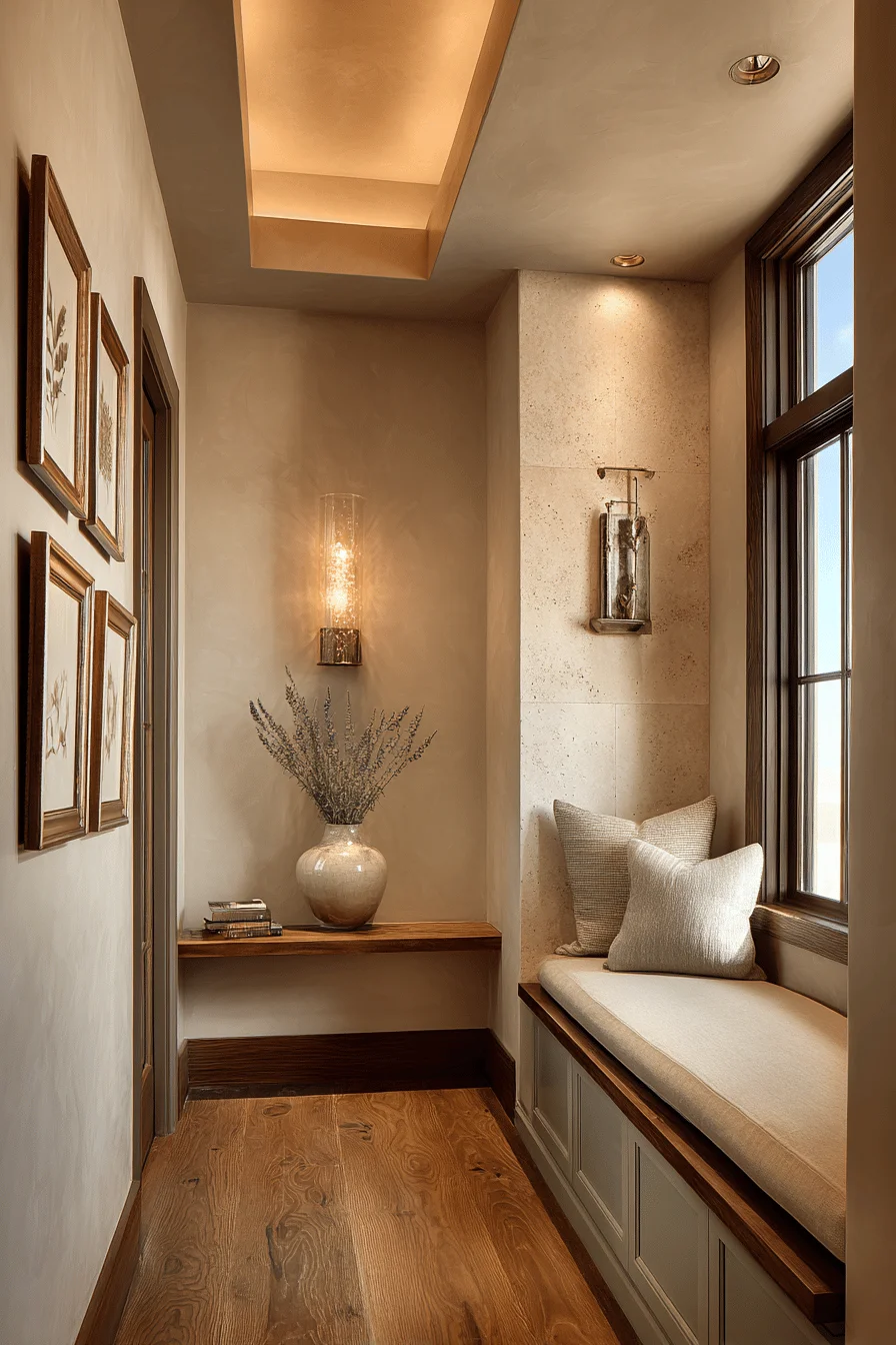 ranch upstairs hallway with design ideas showcasing hallway rich brown hardwood limestone accent stripes warm brass lighting