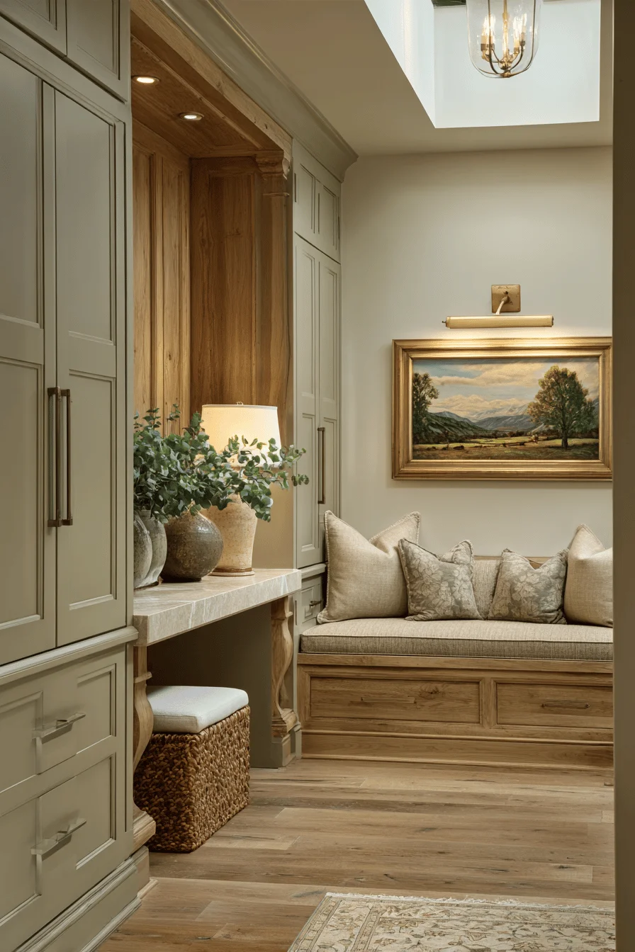 ranch upstairs hallway with home decor showcasing hallway designs rich brown hardwood limestone wainscoting warm brass lighting