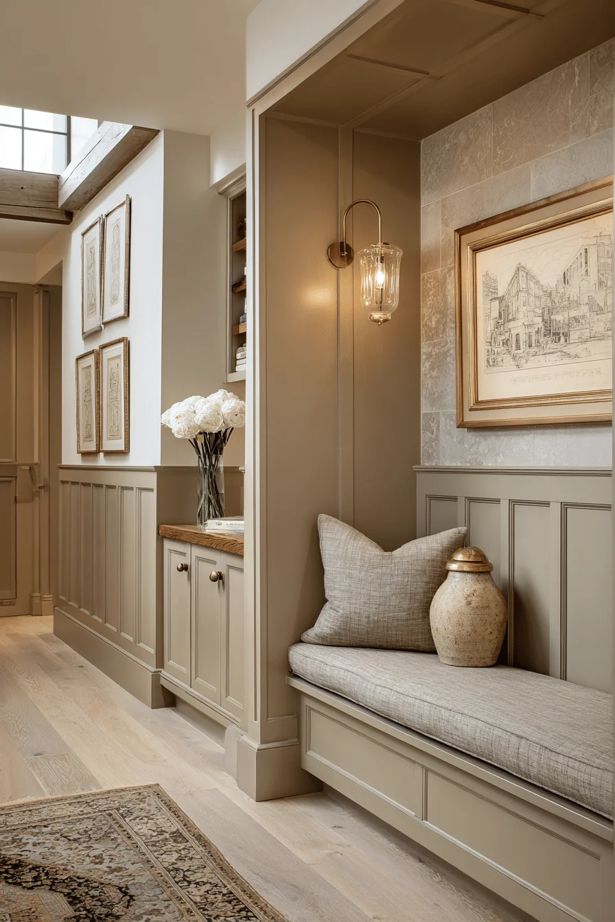 ranch upstairs hallway with house ideas showcasing hallway bench rich brown hardwood limestone wainscoting warm brass lighting