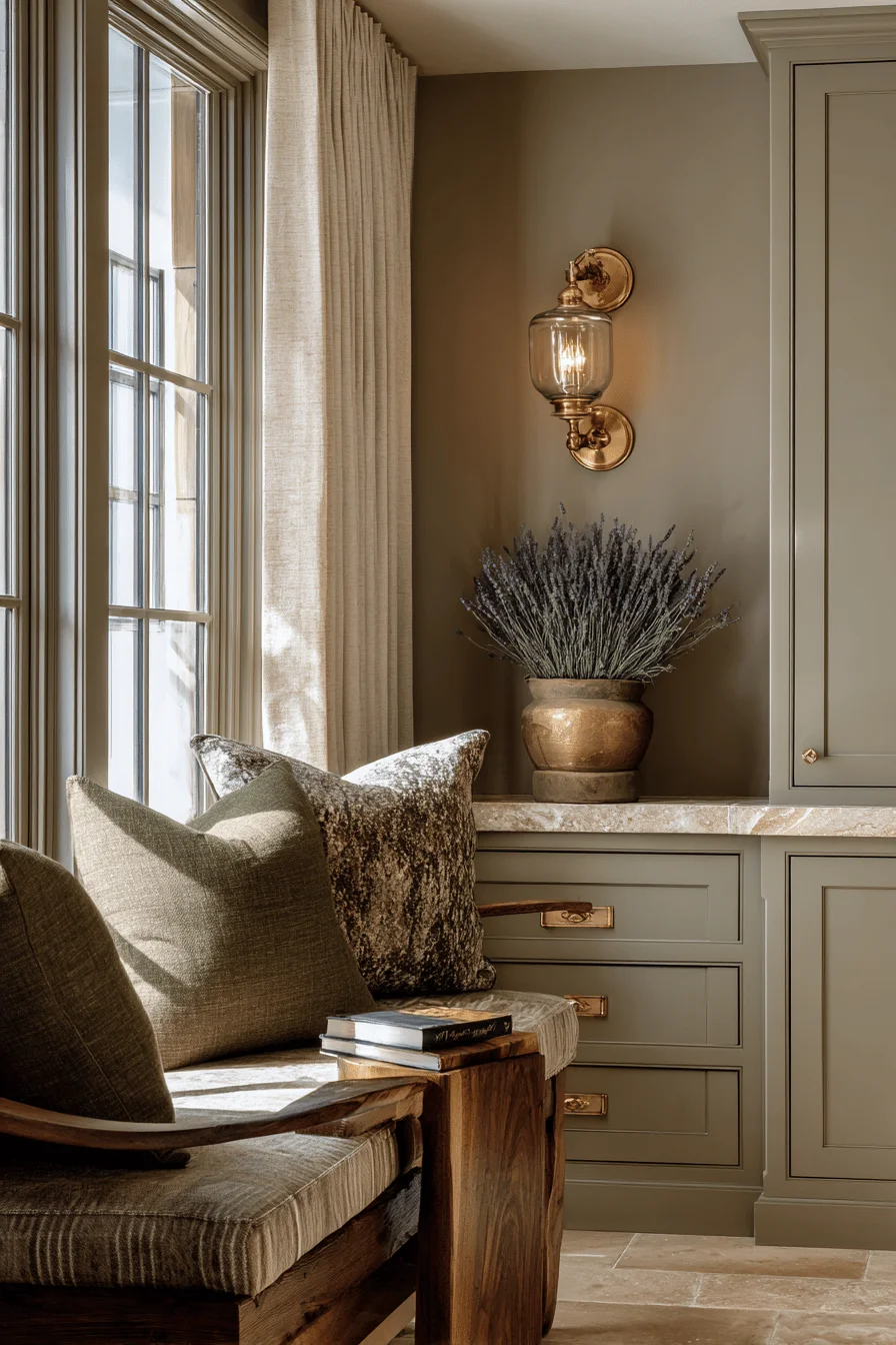refined color combination room decor showcasing earthy color palettes with warm taupe walls sage green cabinetry natural elements