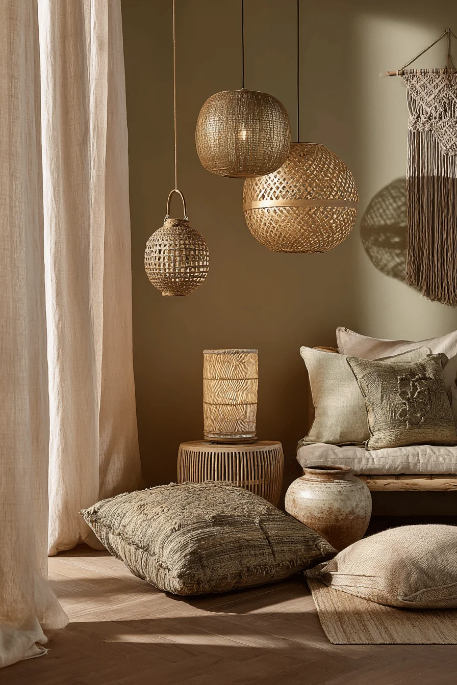 refined home interior design showcasing bohemian lighting with mood lighting and bedroom lighting elements