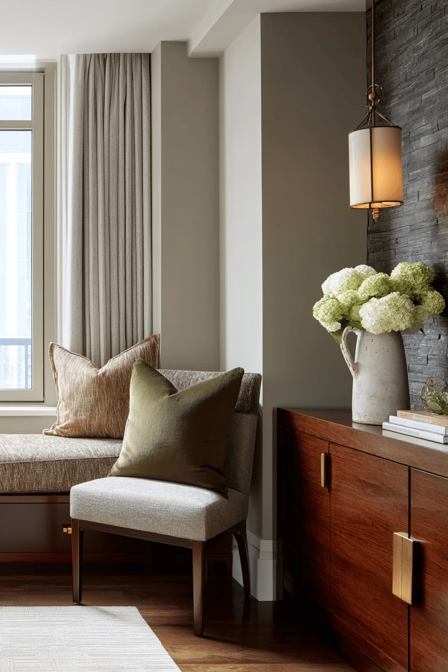 refined room color combination home decor showcasing earthy color palette with warm taupe walls rich brown furniture elements