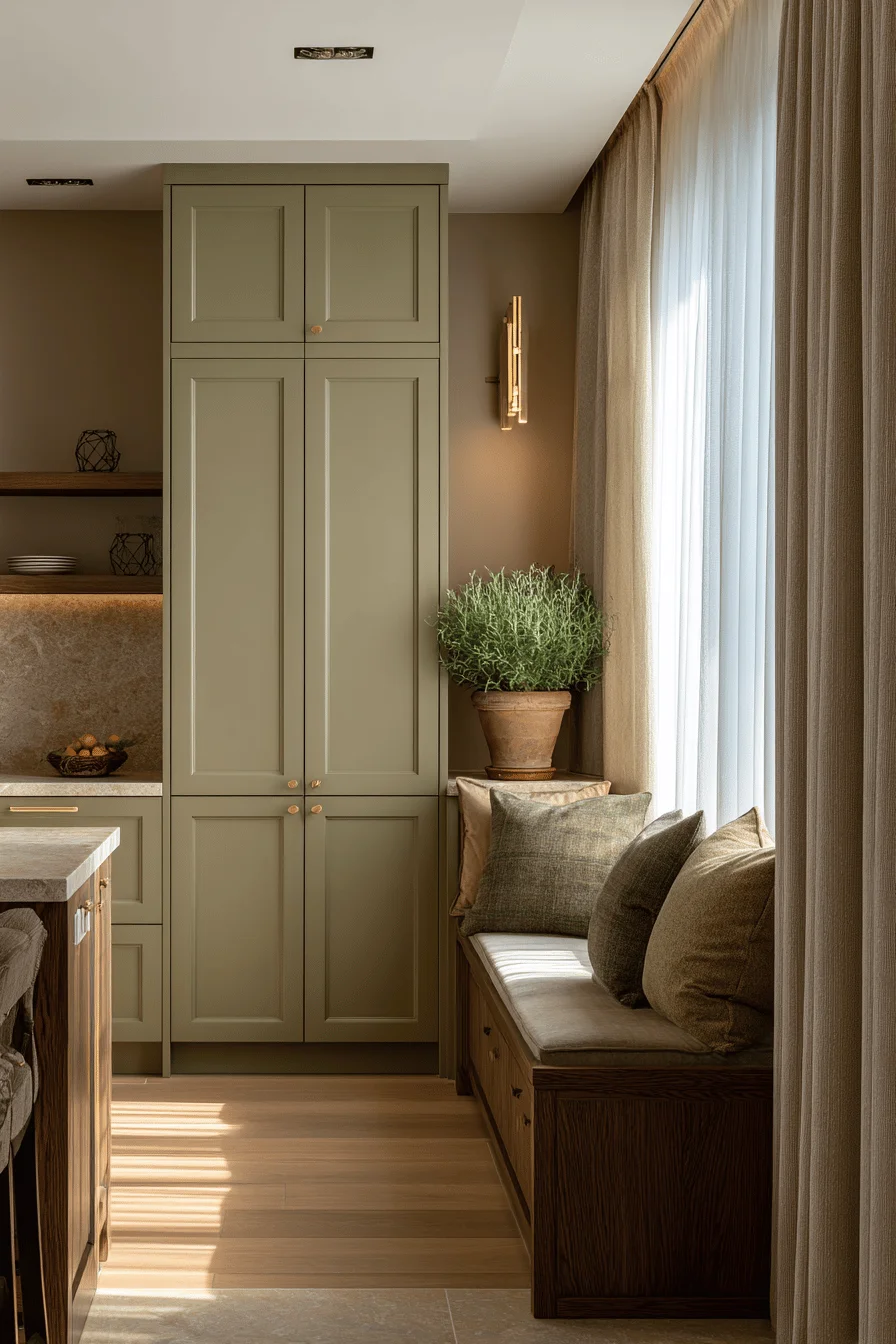 refined room color ideas interior design showcasing earthy room color combination with warm taupe walls sage green cabinetry