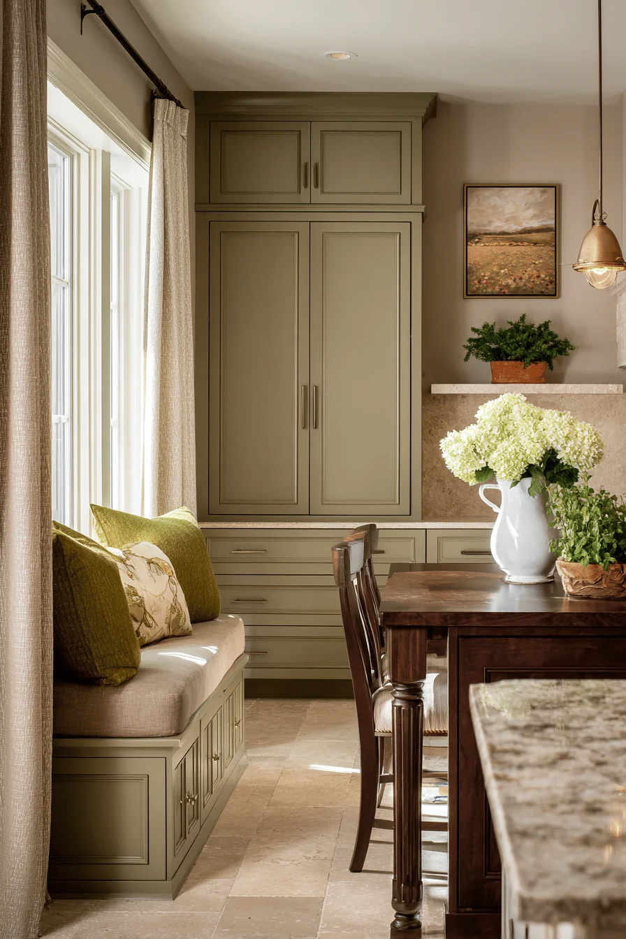 refined room color ideas room decor showcasing earthy color with warm taupe walls sage green cabinetry natural elements