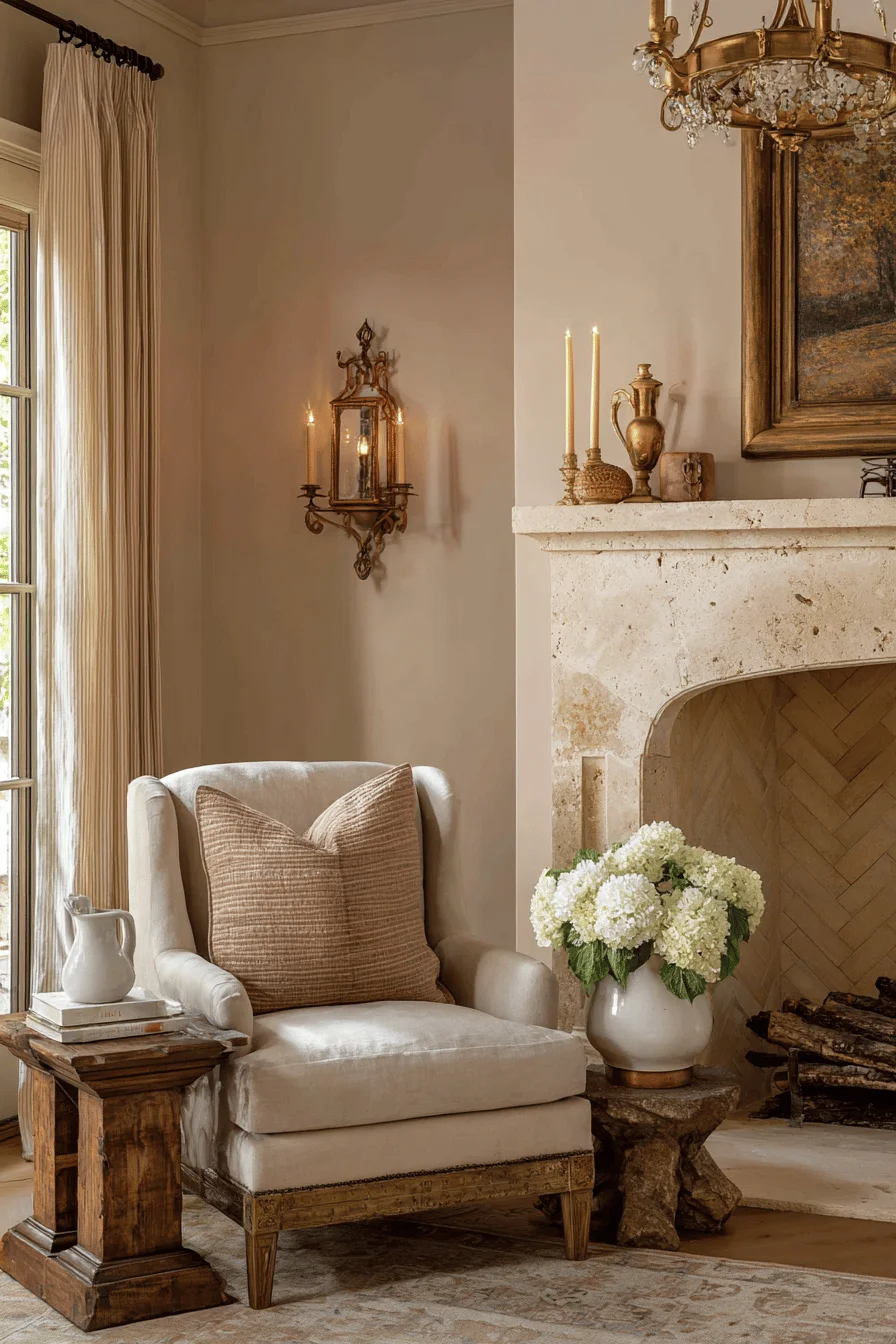 room decor house interior french country lighting fixtures featuring antique brass chandelier warm taupe walls