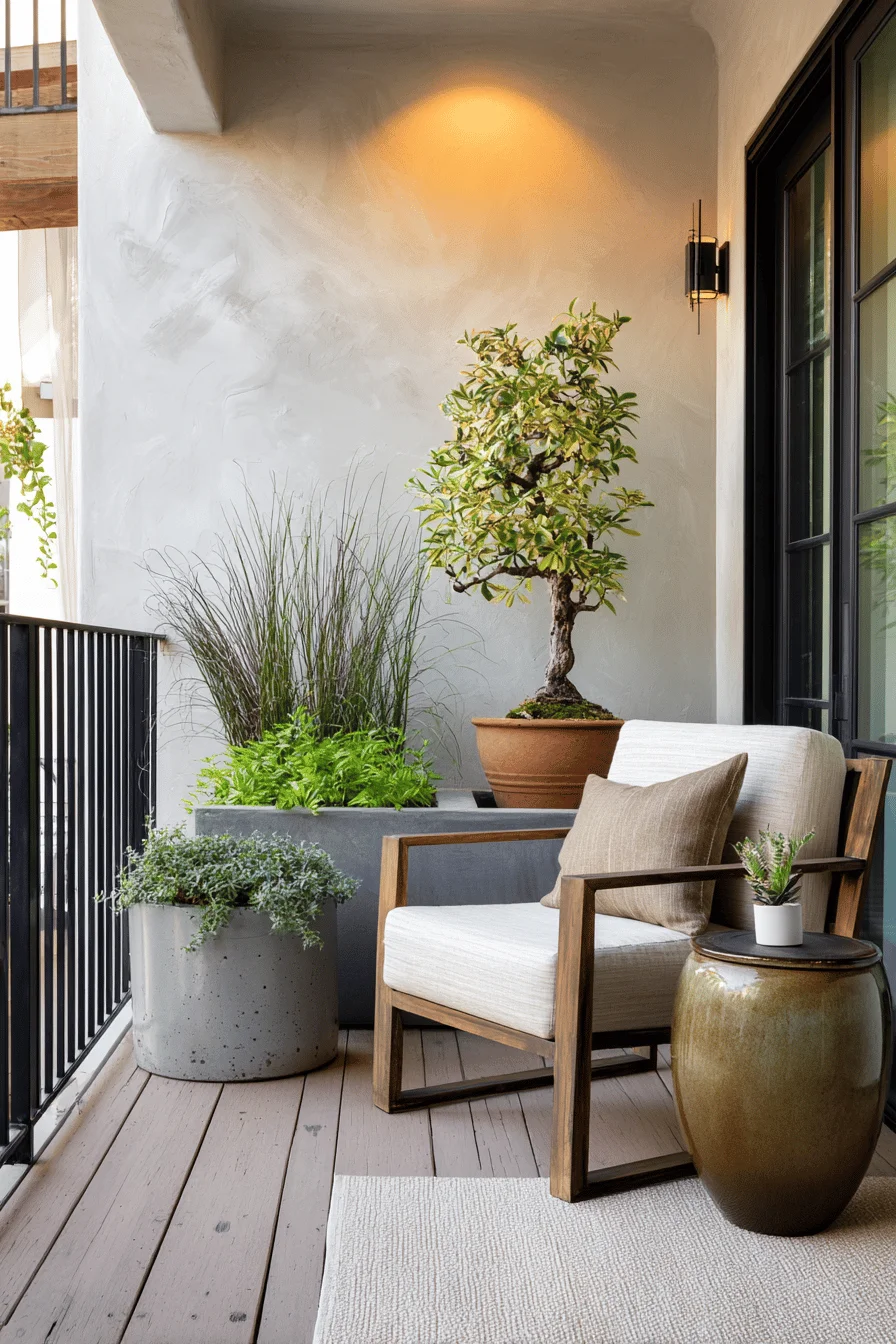 room decor ideas japandi balcony showcasing closed balcony ideas with natural wood decking and plants