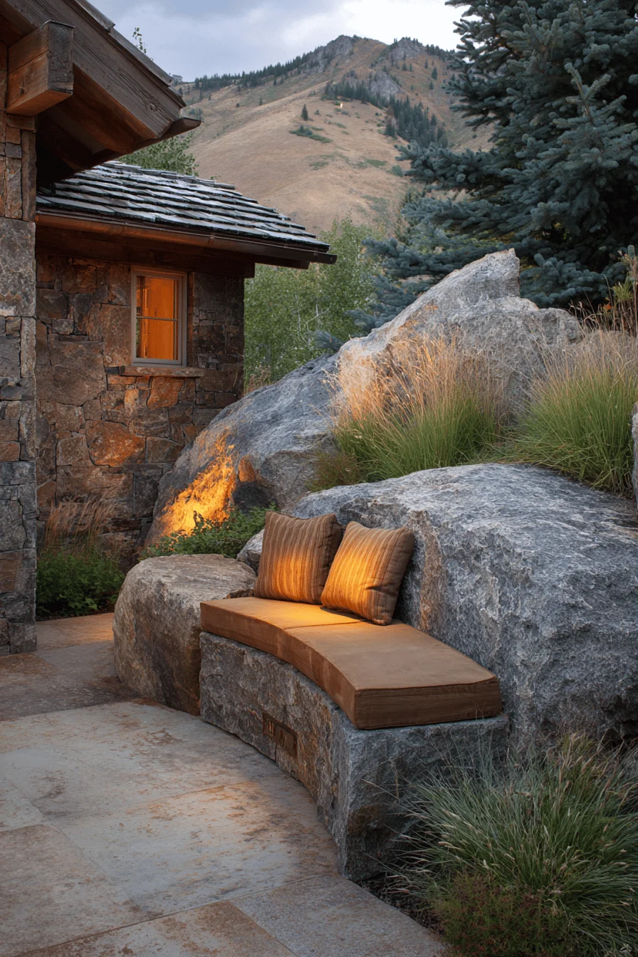 secret garden mountain retreat with garden design featuring limestone pathways and vibrant flower beds