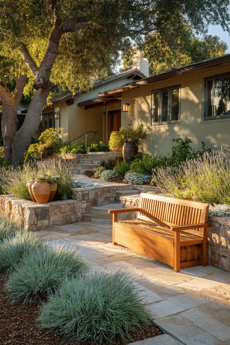 small garden design ranch style with dream garden features including decomposed granite mulch and succulent plantings in earth tones