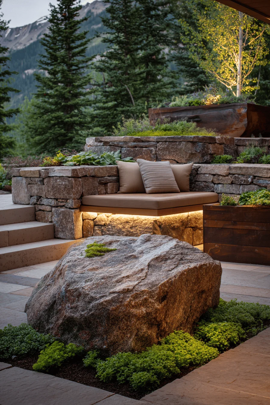 small garden mountain retreat with weathered cedar seating and native perennial borders in alpine setting
