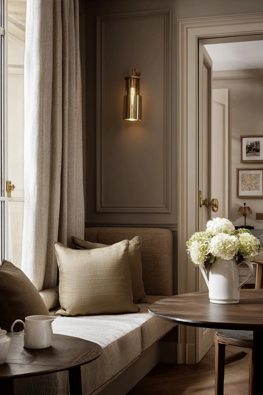 sophisticated earthy interior featuring color pallete interior design with warm taupe walls rich brown furniture natural color elements