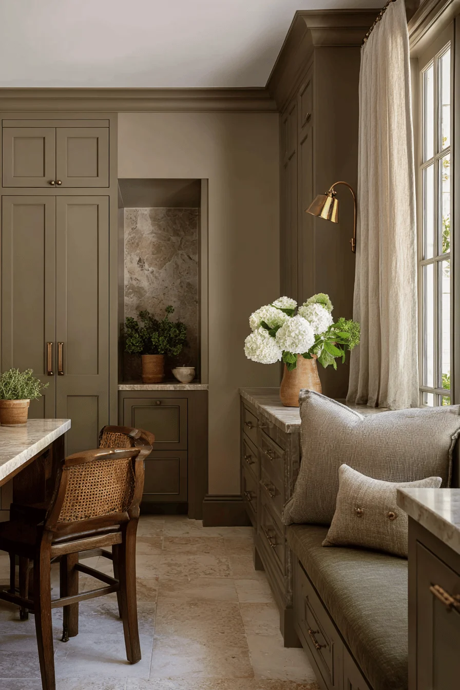 sophisticated earthy interior featuring color pallets house design with warm taupe walls sage green cabinetry natural elements