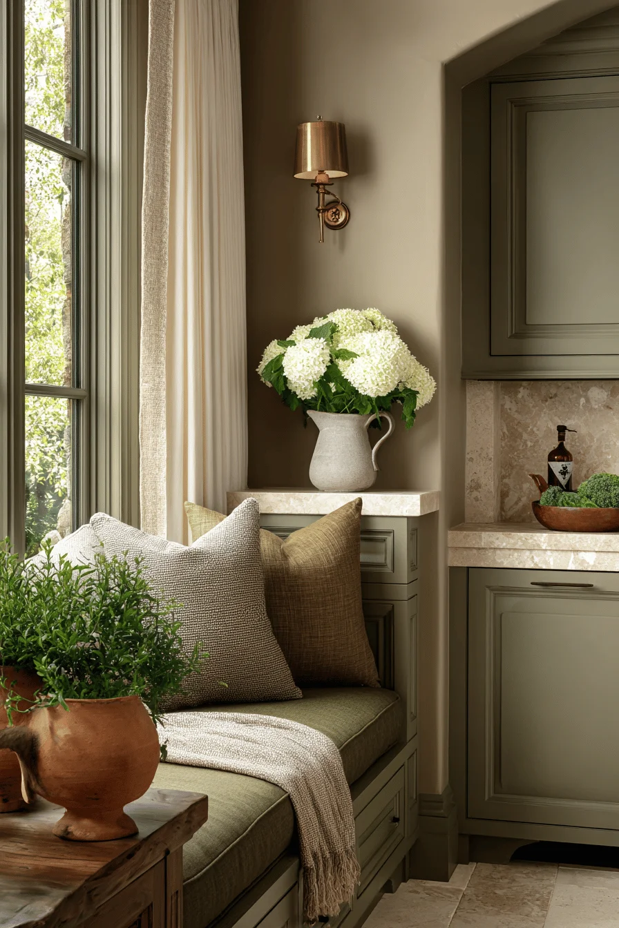 sophisticated earthy interior featuring warm color palette house aesthetic with warm taupe walls sage green cabinetry natural elements