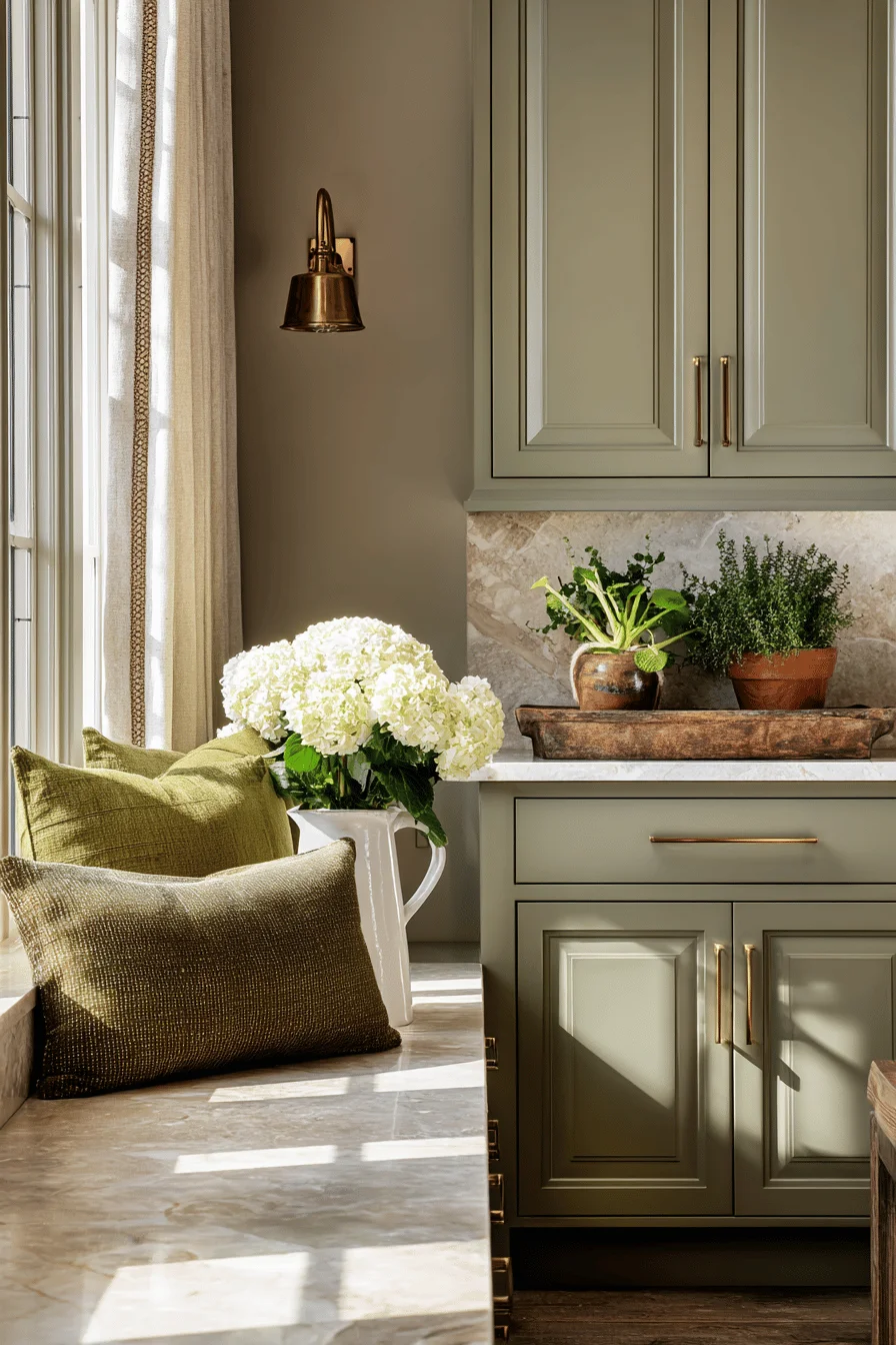 sophisticated earthy interior featuring warm color palette room decor ideas with wall color combination taupe walls sage green cabinetry