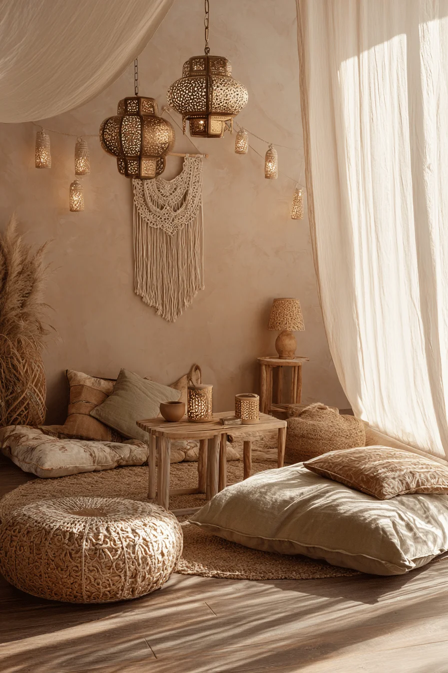 sophisticated interior design space with bohemian lighting and mood lighting featuring apartment decor inspiration elements