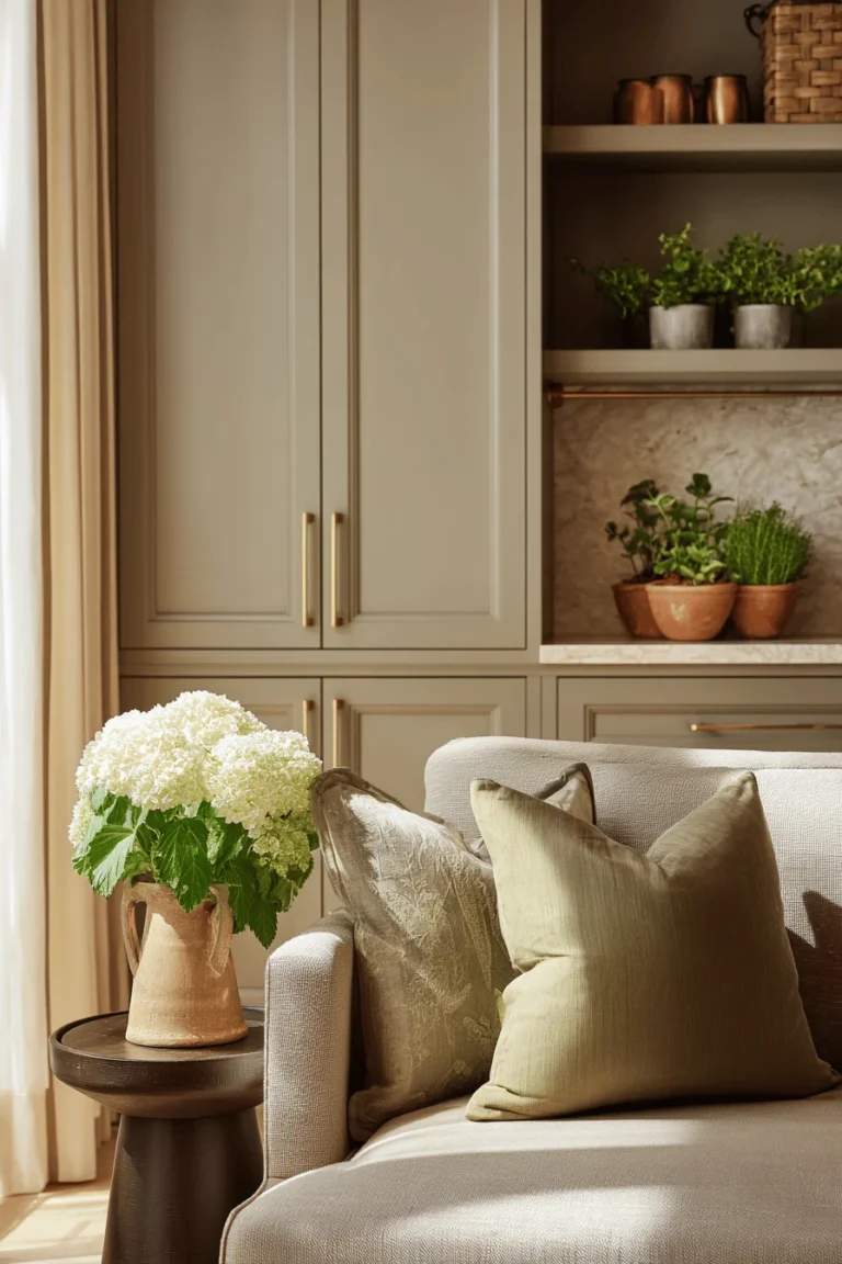 timeless color pallete home interior design with earthy color featuring warm taupe wall color rich brown furniture