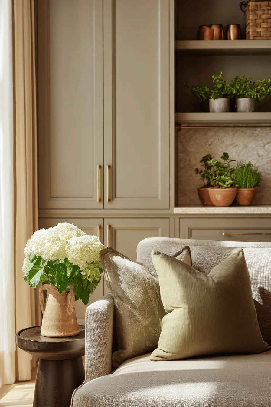 timeless color pallete home interior design with earthy color featuring warm taupe wall color rich brown furniture
