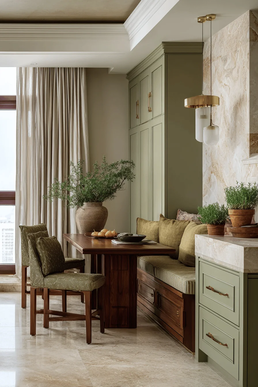 timeless color scheme home interior design with earthy room color combination featuring warm taupe walls sage green cabinetry