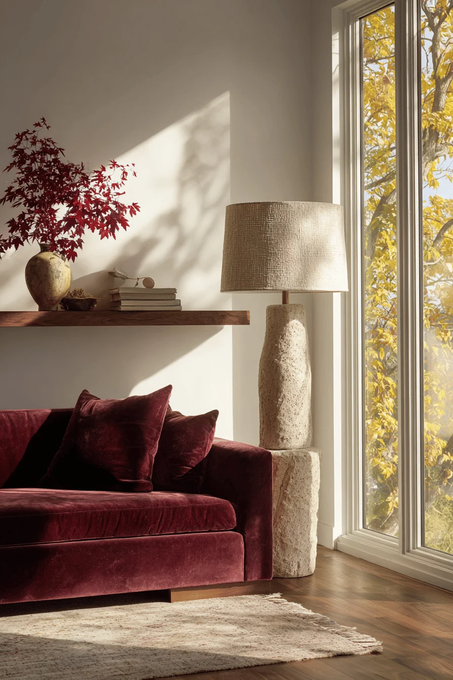 apartment fall decor inspiration displaying small apartment living room with walnut floors and wool rug