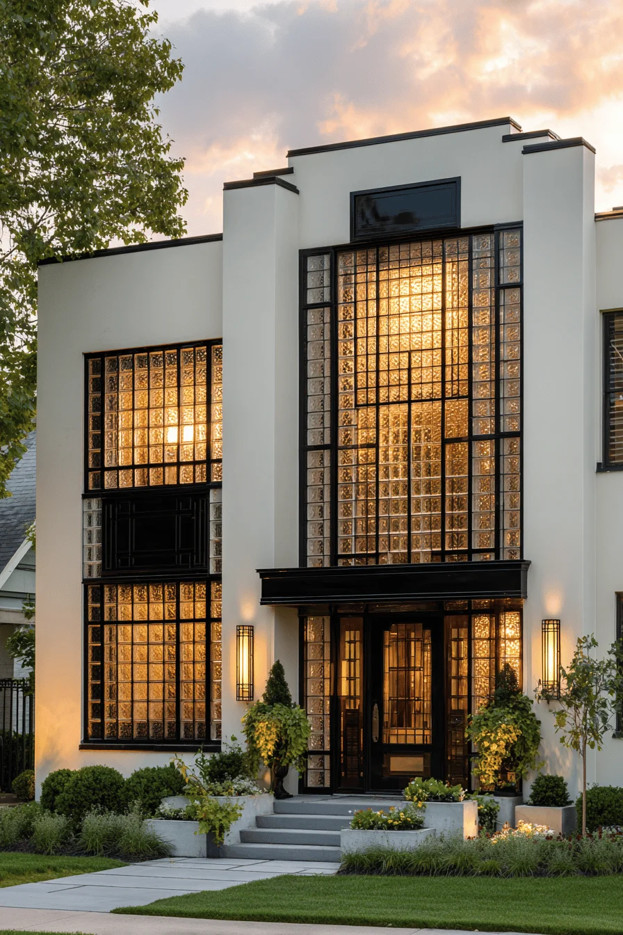 art deco exterior inspiration displaying symmetrical vertical lines and stepped roofline architectural details in golden hour lighting